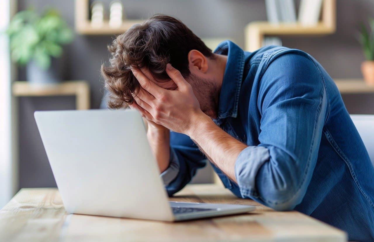 Man stressed at laptop in modern office
