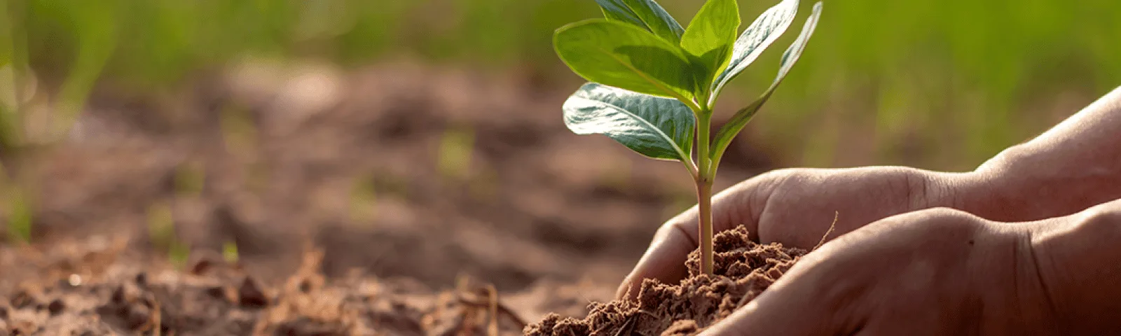 Hands planting young tree in soil, sunny day.